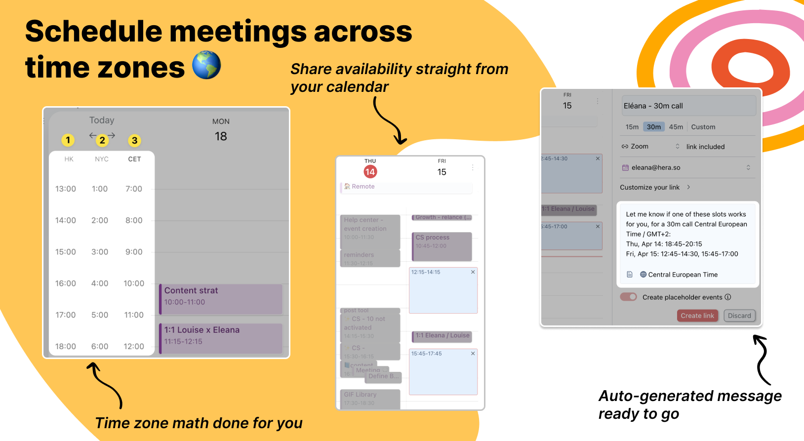 schedule meetings, display multiple time zones, availability straight from your calendar, calendar tool